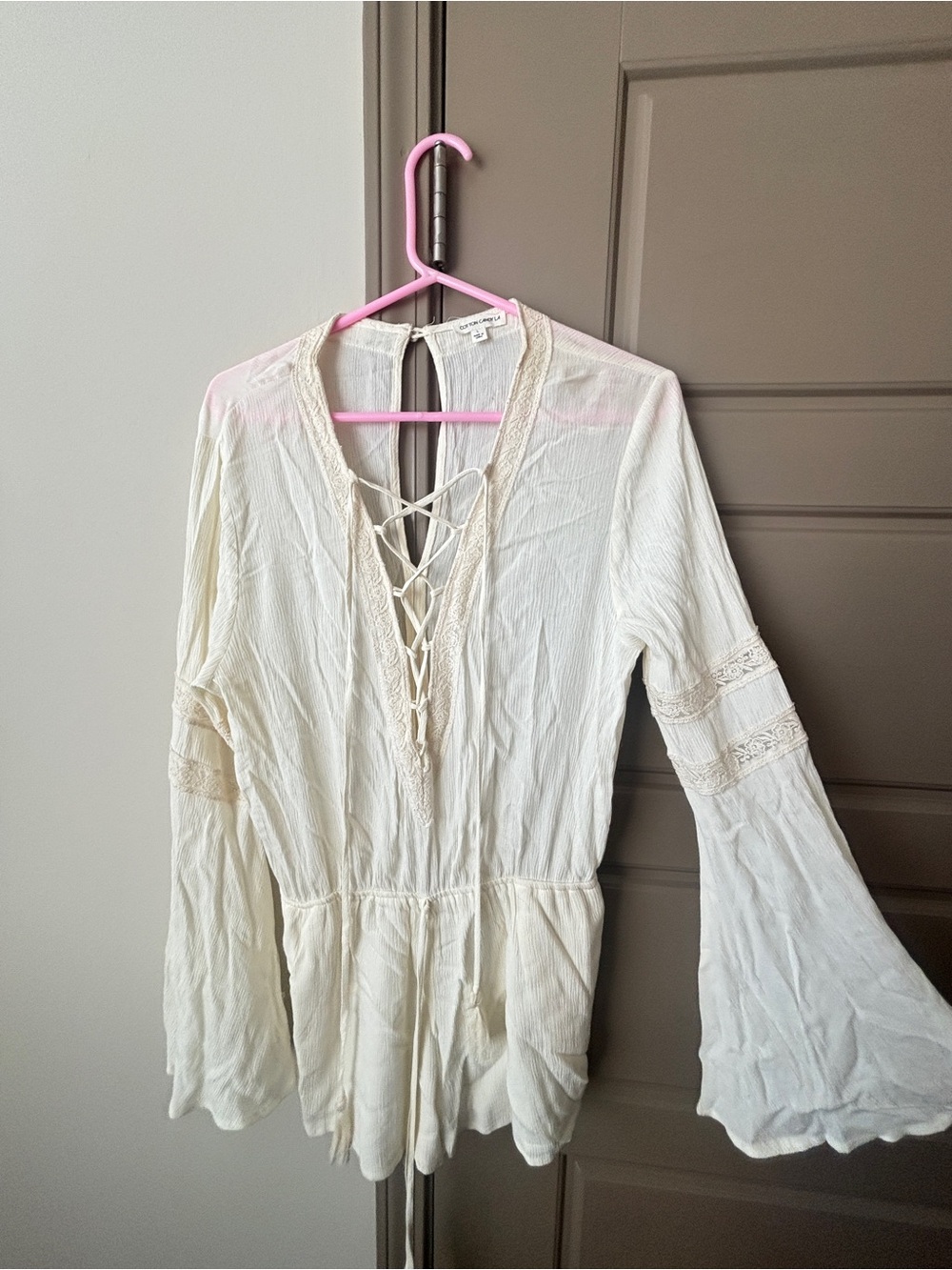 Boho Lace-Up Peasant Tunic Top in Cream